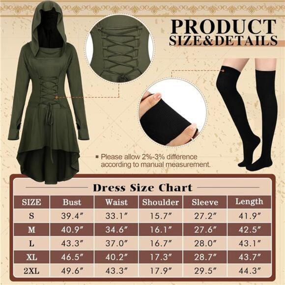 5 PCS Halloween Renaissance Costume for Women - Medieval Hooded Robe - Picture 4 of 7